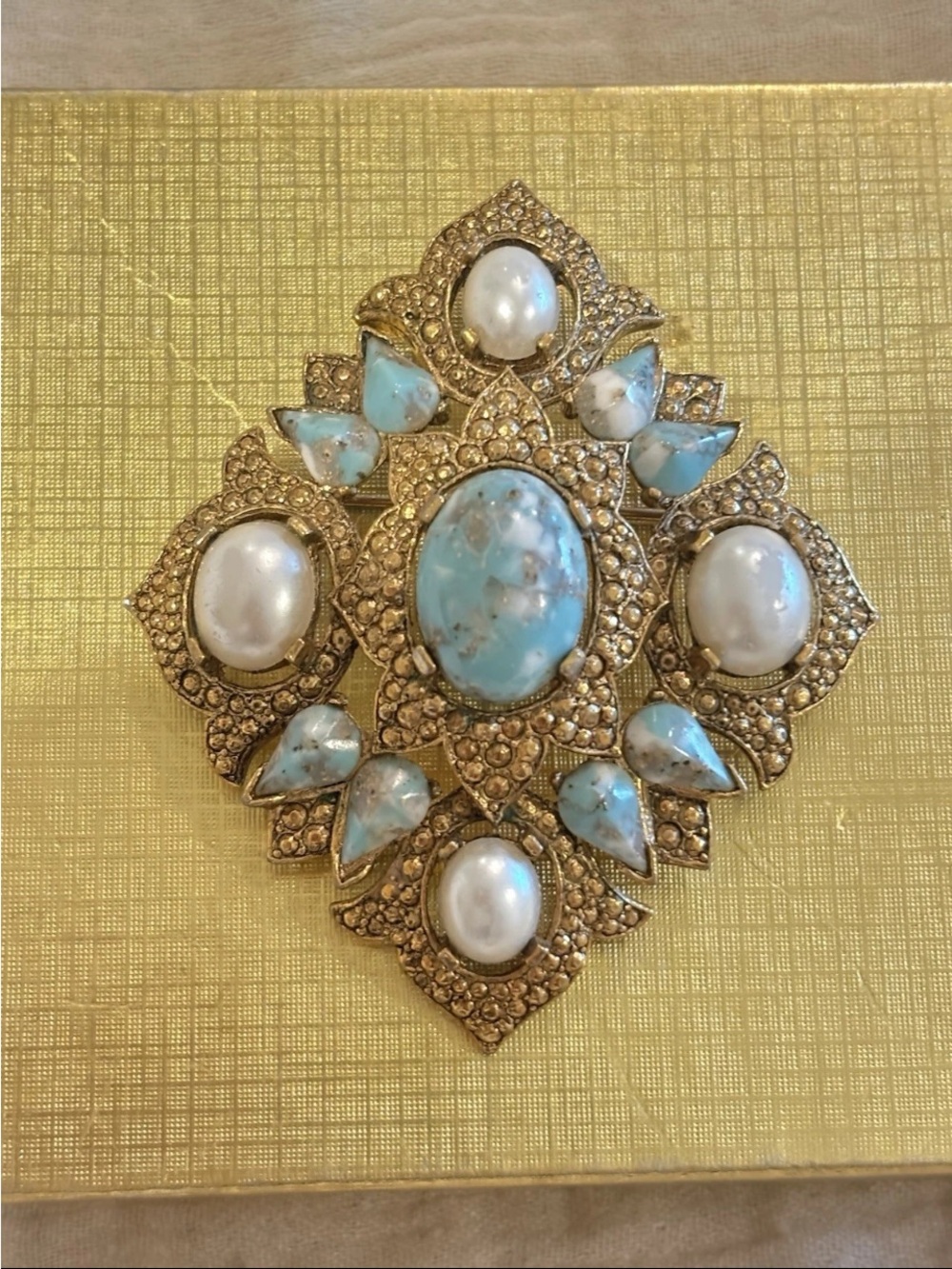 Vintage Sarah Coventry Signed Faux Turquoise & Pearl Brooch